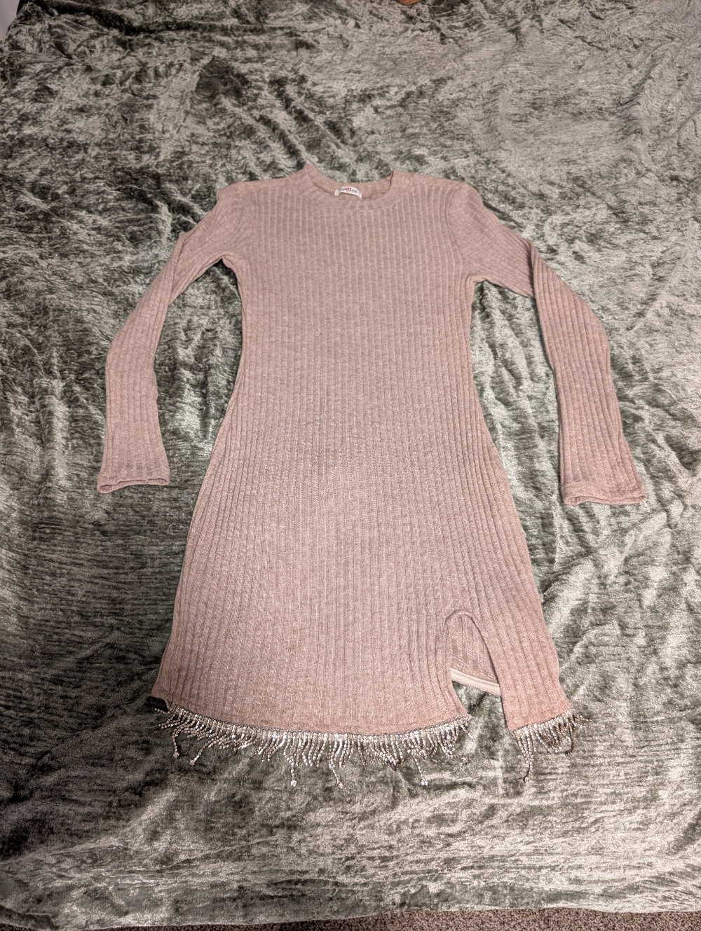 Ribbed Long Sleeve Knit Dress with Beaded Fringe - Beige